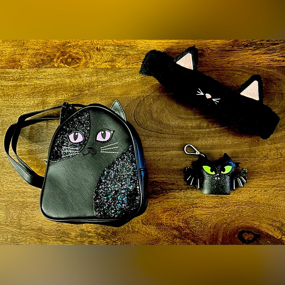 Bath And Body Works BBW Black Cat Lot Backpack Pocketbac Terry Cloth Headband